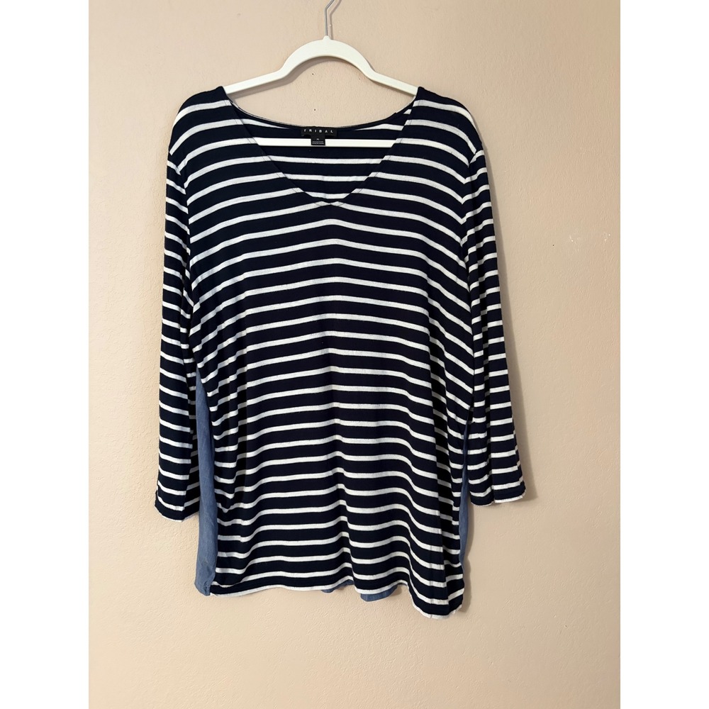 Tribal Womens XL Navy White Striped Chambray Back VNeck 3/4 Sleeve 1511O-5236